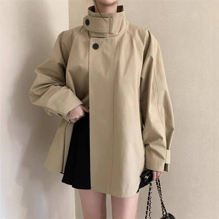 KHAKI Solid Color Fashion Stand Collar A-Line Coat for wholesale on Faire2