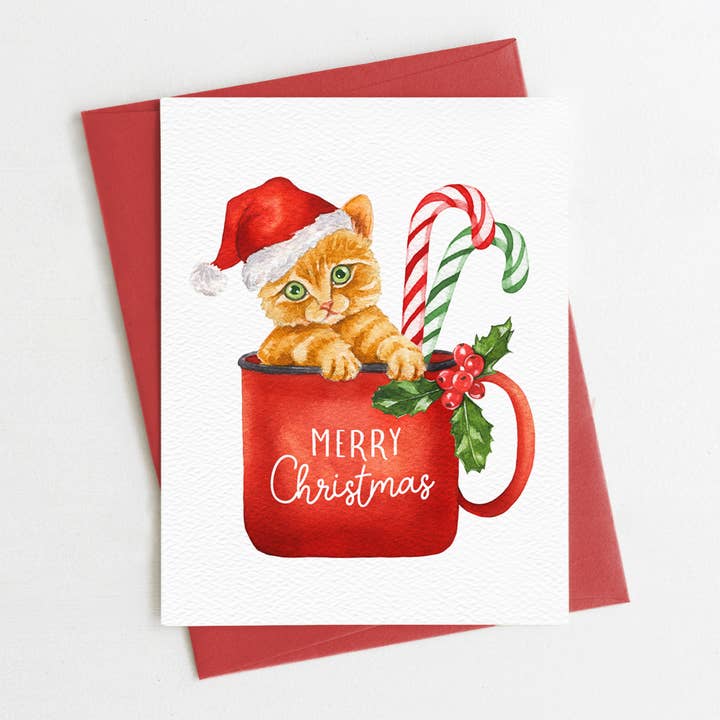 Merry Christmas Card, Christmas Cat Card, Cute Holiday Card for wholesale by Blue Thistle