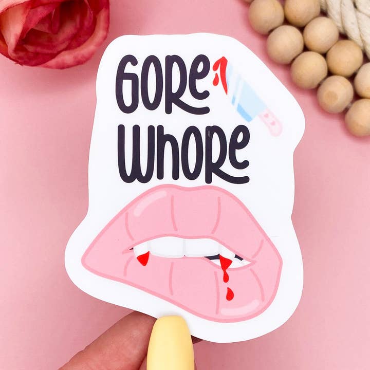 Gore Whore Vinyl Sticker for wholesale by Pink Petal Paper Co