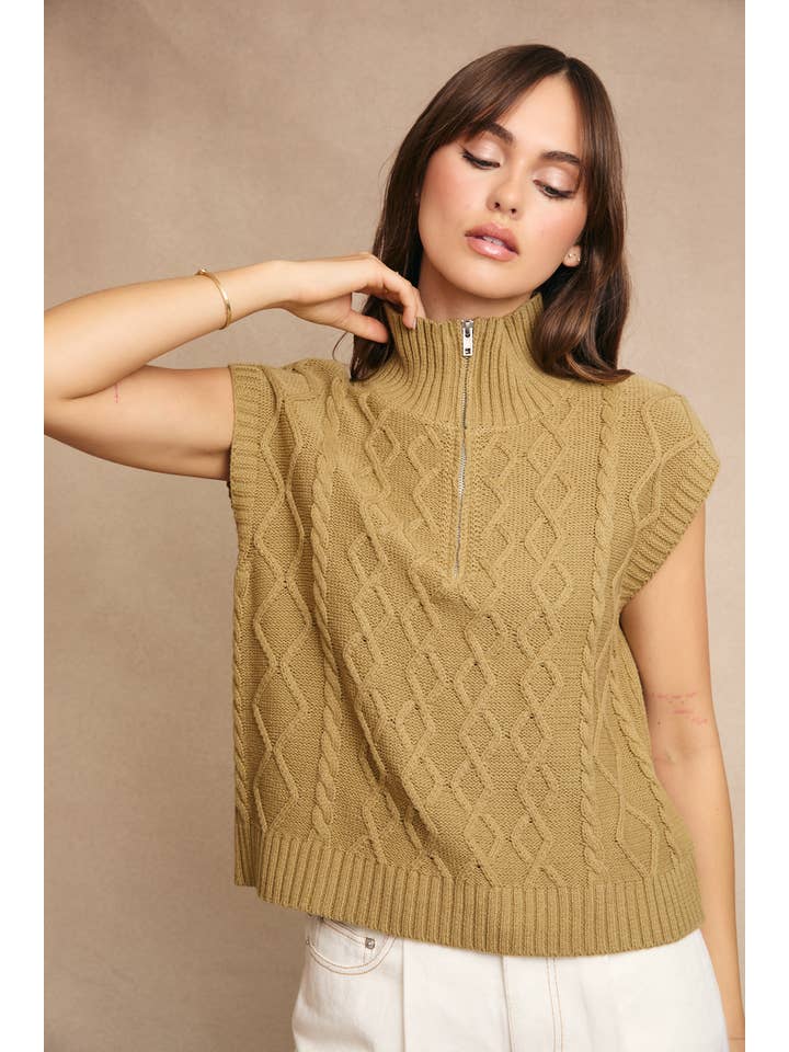 LE LIS - Wholesale Knit Sweater - Women's - HALF ZIPPER SLEEVELESS CABLE SWEATER TOP3