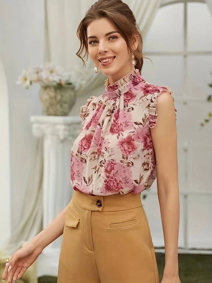 MULTICOLOR Floral print elegant sleeveless ruffled shirt for wholesale on Faire