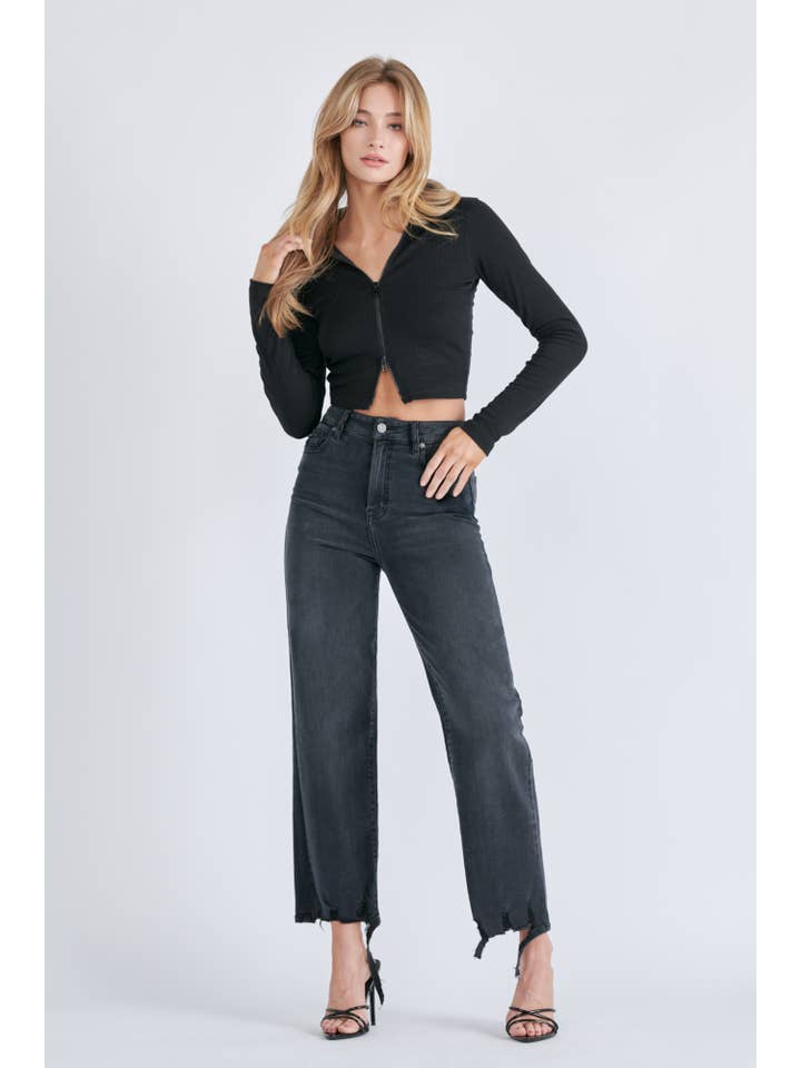 Hidden Jeans - Wholesale Jeans - Women's - Black Grinded Destroyed Hem Relaxed Straight Jean