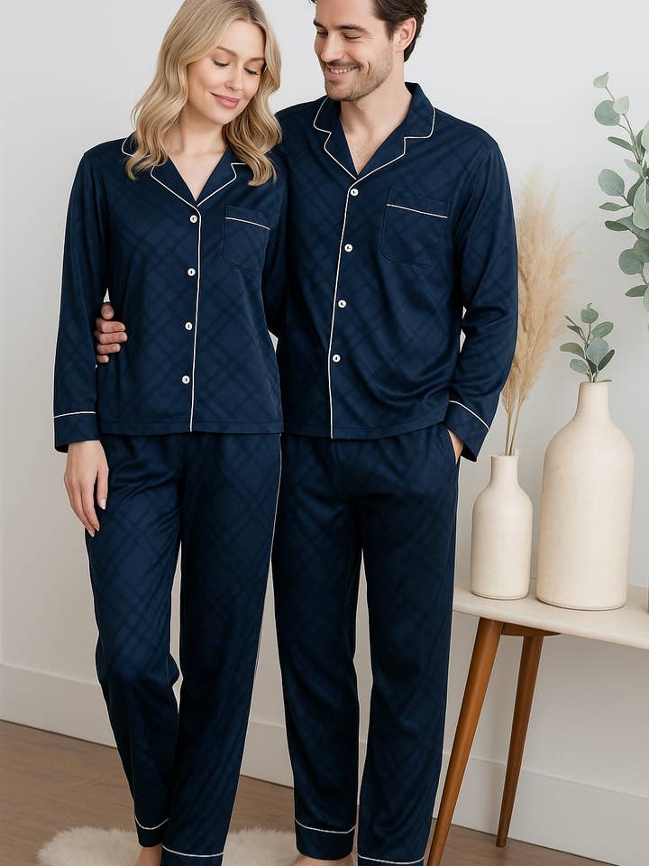 UNISEX Navy Squared High-end Button FrontLongSleeves Pjs Set for wholesale by Hope Horizon LLC