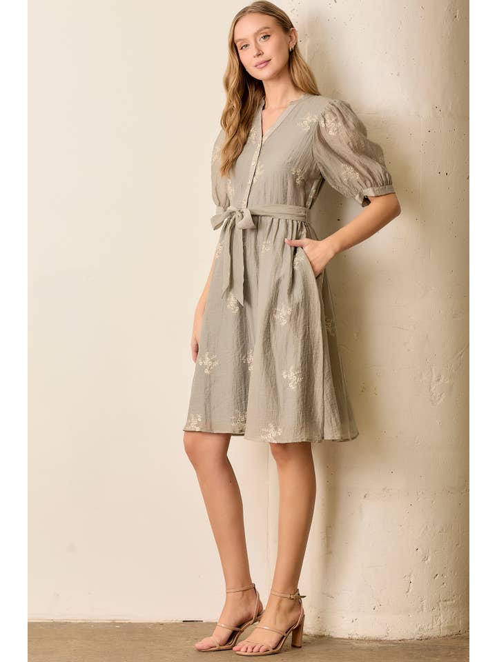 DOVE GRAY EMBROIDERED BUTTON FRONT DRESS for wholesale on Faire