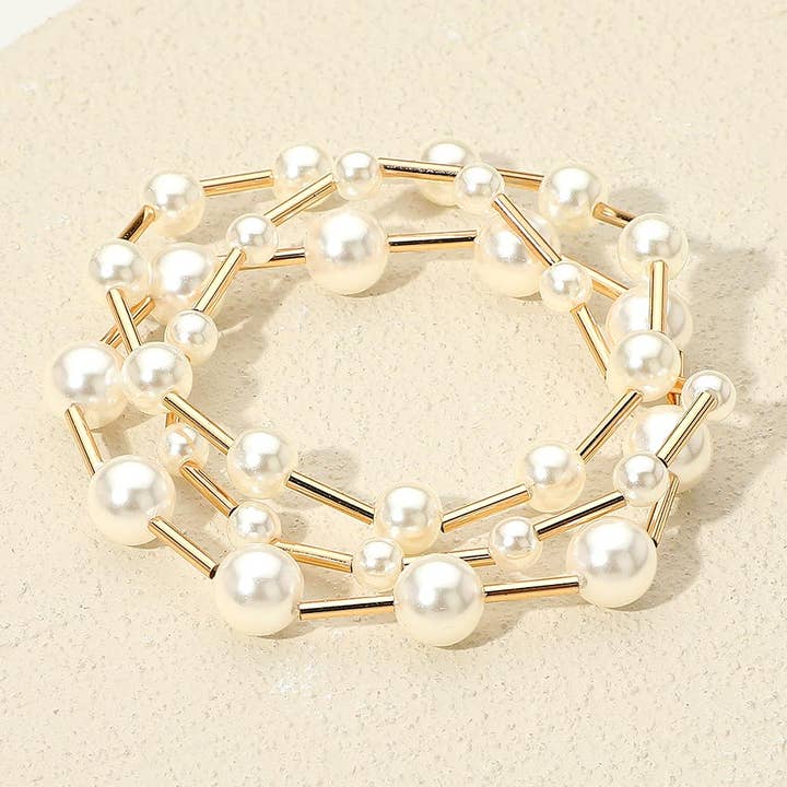 Sensibling Corp. - Wholesale Beaded Bracelet - 3PCS - Pearl Metal Bar Beaded Stretch Multi Layered Bracelets