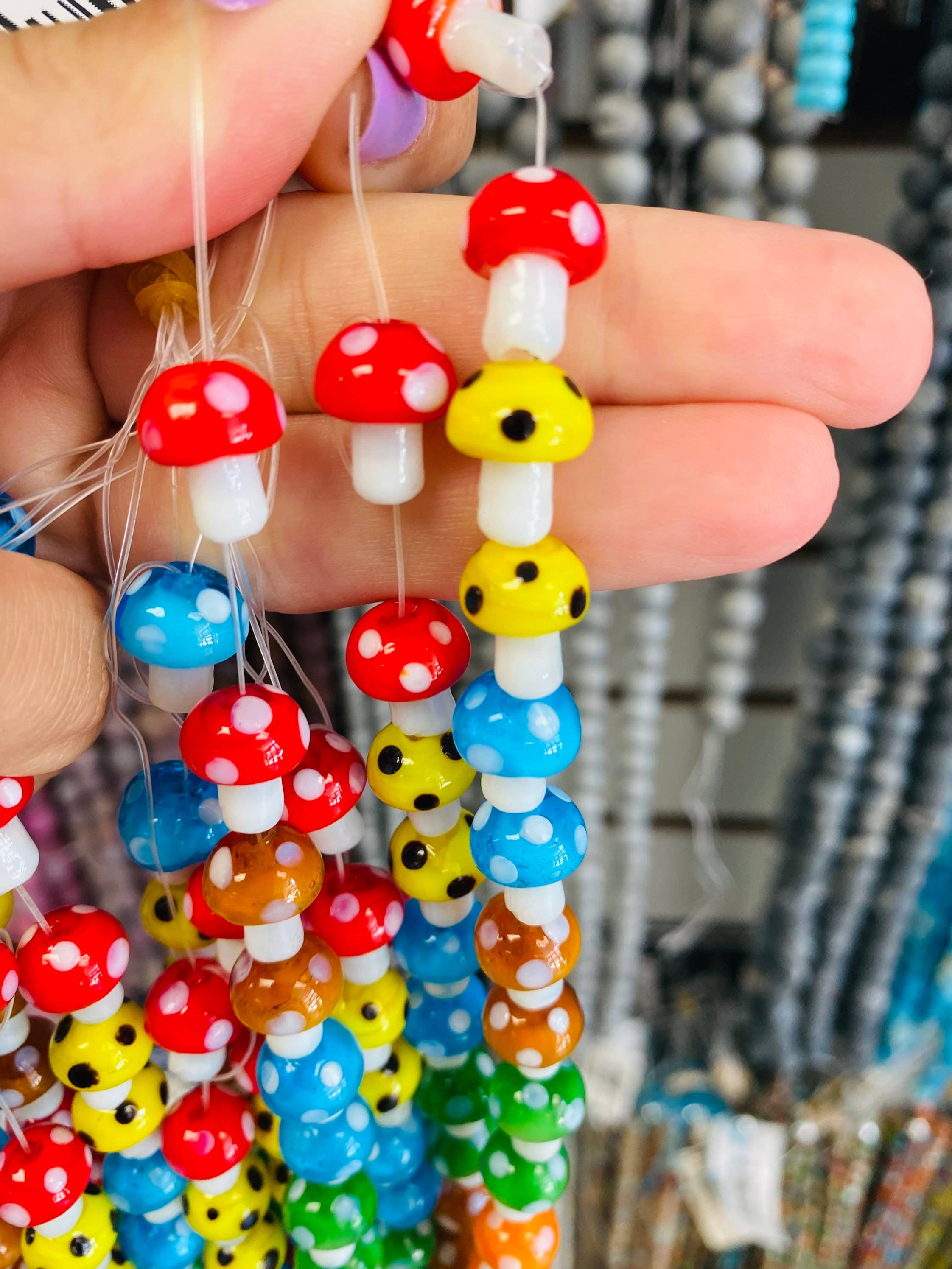 The Bead Bazaar - Wholesale Beads - Strand of Colorful Mushroom Beads, Shroom Pendant Beads, Keychain Bright Clear Mushroom Beads, Mushroom Charms, Boho Bead DIY Jewelry Making8