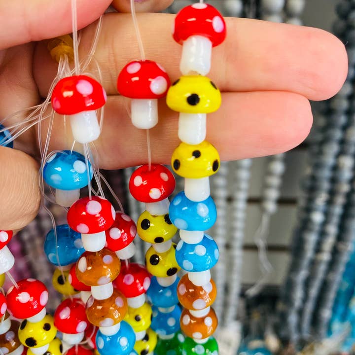 The Bead Bazaar - Wholesale Beads - Strand of Colorful Mushroom Beads, Shroom Pendant Beads, Keychain Bright Clear Mushroom Beads, Mushroom Charms, Boho Bead DIY Jewelry Making8
