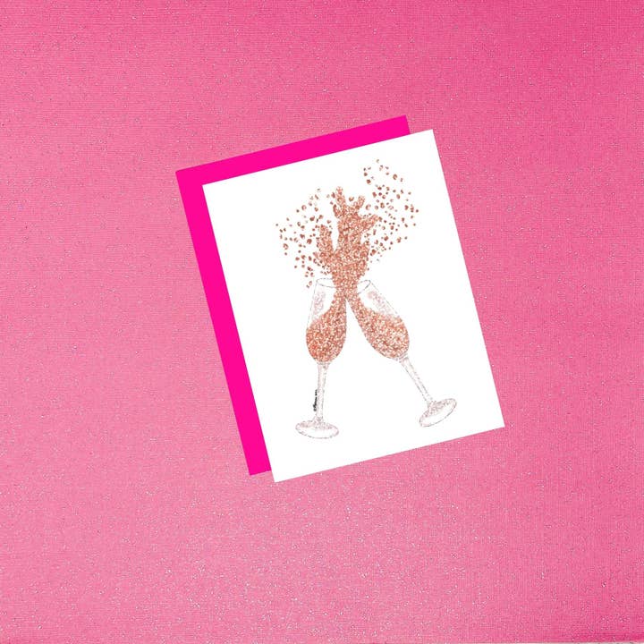 Cartão de felicitações de taças de champanhe com glitter ouro rosa por atacado de Tiffany Ascensio Designs | Watercolor Greeting Cards