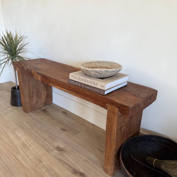 Vintage Teak Slab Farmhouse Bench Handmade Heavy Wood Hallway Entryway Sofa Table for wholesale by Project Kalaa