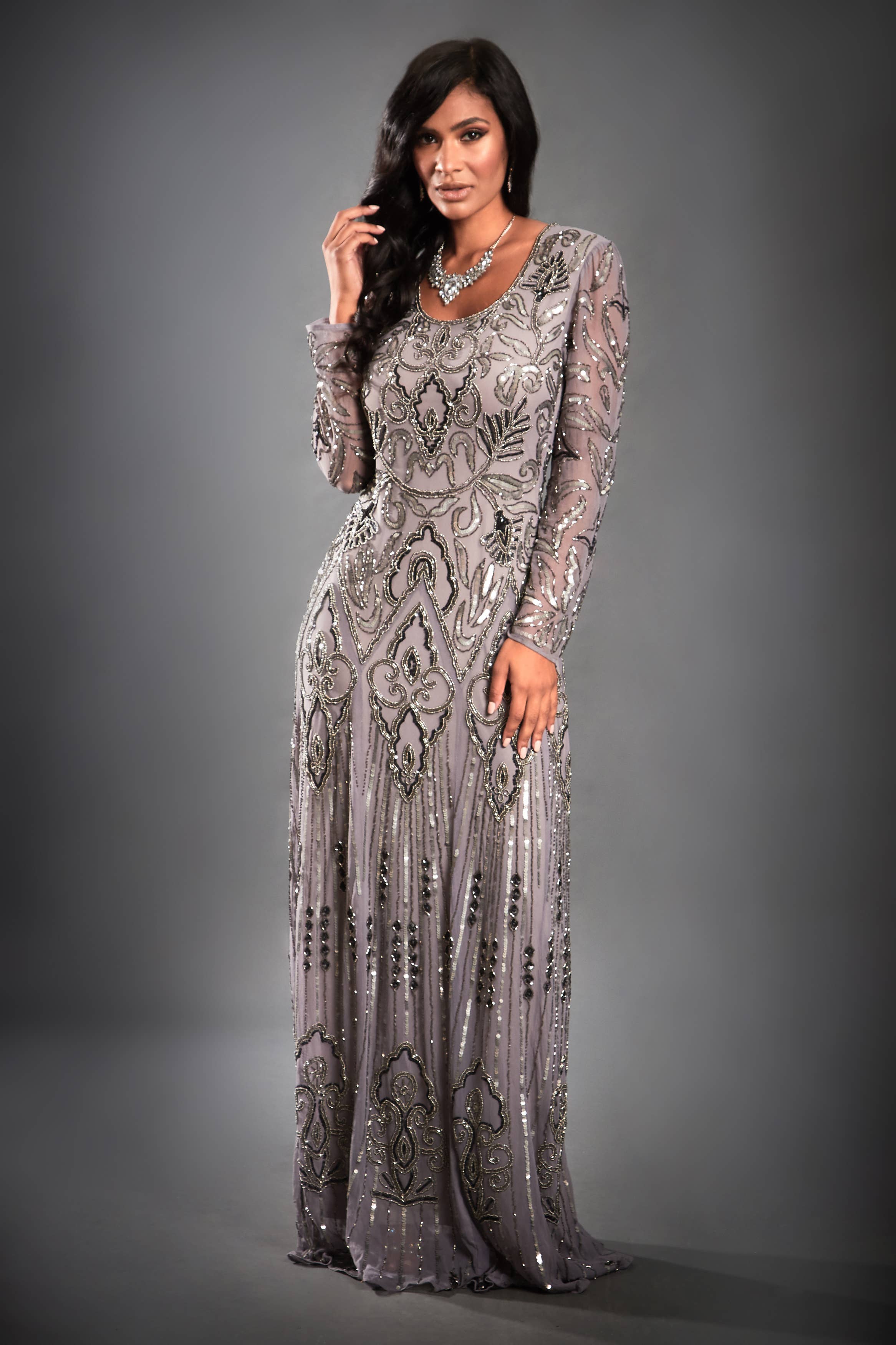 Jywal London® - Wholesale Gown - Women's - Isabella Embellished Long Sleeve Gatsby Maxi Dress2
