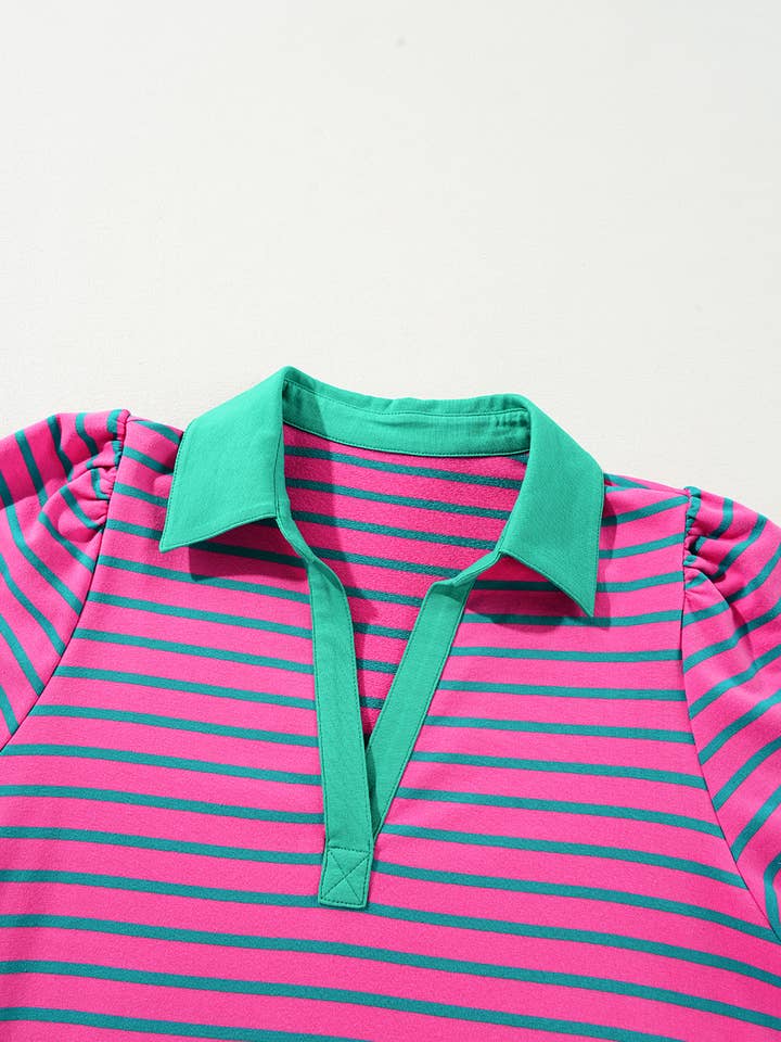 As shown Stripe Collared Puff Sleeve T Shirt Dress | S-XL & 1X-4X for wholesale on Faire
