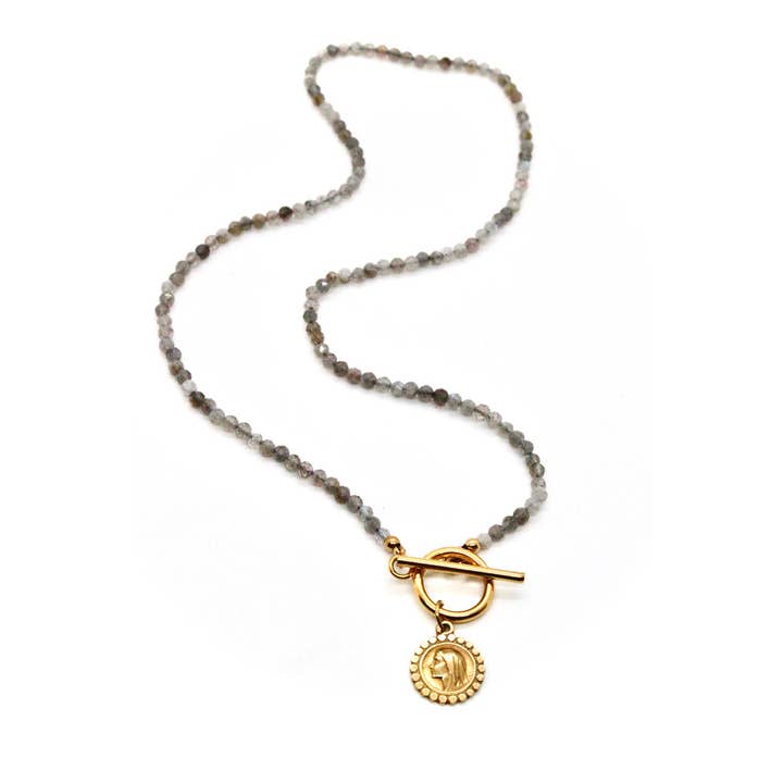 Faceted Labradorite Short Necklace with Delicate Small French Religious Gold Charm -French Medals Collection- N6-021 for wholesale by LIZOU