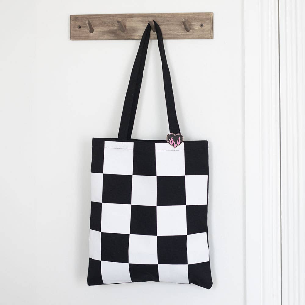 Something Different Wholesale - Wholesale Tote Bag - Women's - Checkerboard Print Tote Bag with Heart Pin Badge0