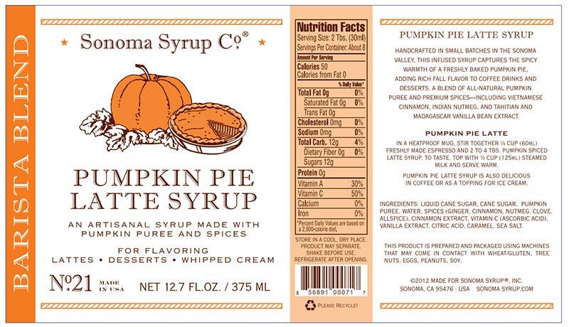 Sonoma Syrup Co. - Wholesale Flavored Syrup - 12.7 oz Pumpkin Pie Latte Syrup6