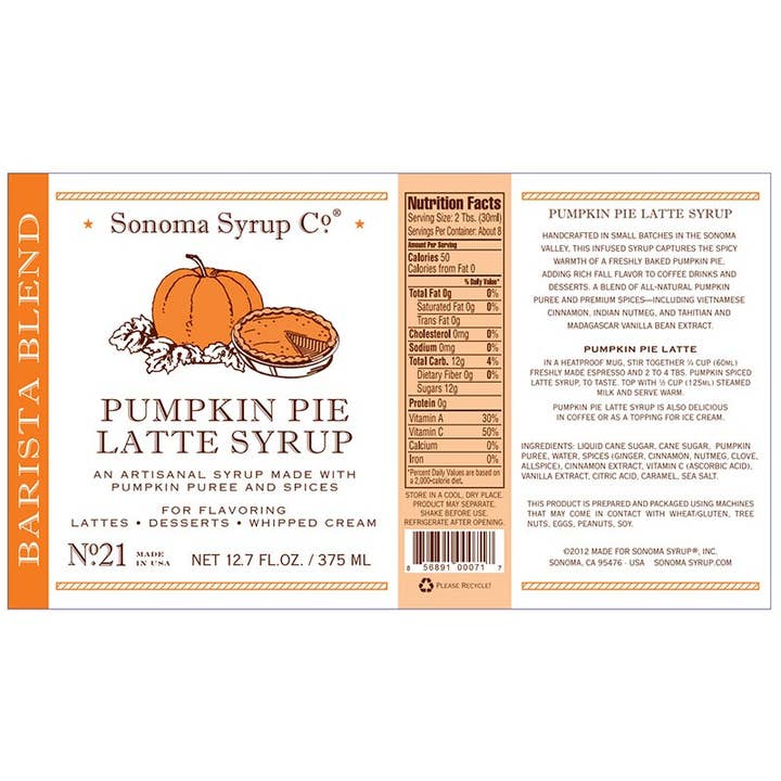 Sonoma Syrup Co. - Wholesale Flavored Syrup - 12.7 oz Pumpkin Pie Latte Syrup6