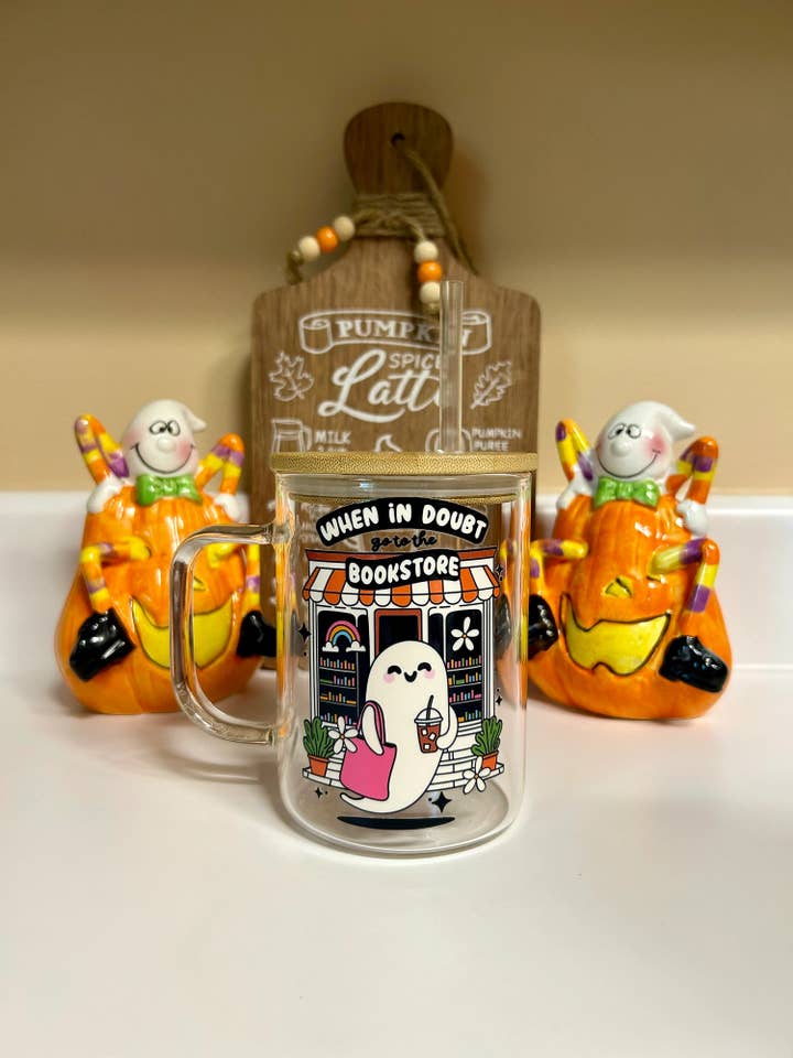 15oz Glas Mugg, Spökbokhandel Mugg, Söt Halloween Kopp för wholesale av MommyandMarie