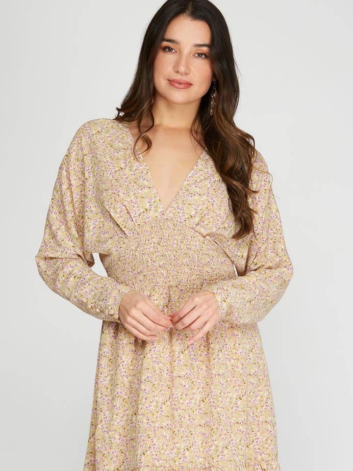 MINIVESTIDO TEJIDO CON ESCOTE EN V FLORAL COLOR TOPACIO S10SS8836 para venta al por mayor de Stylish Wholesale