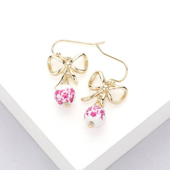Sensibling Corp. - Wholesale Dangle Earrings - Metal Bow Pointed Floral Pattern Ceramic Ball Dangle Earring