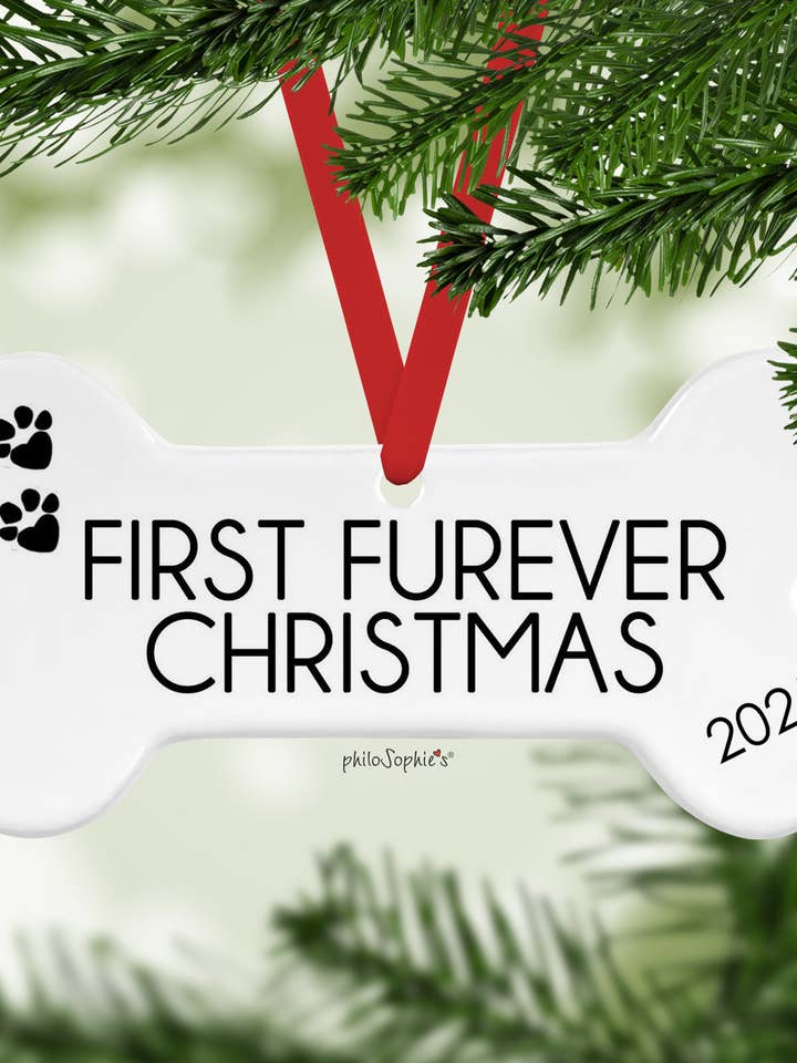 First Furever Ornament 2025 - Dog Bone or Heart Ornament for wholesale by philoSophie's Stationery & Gifts