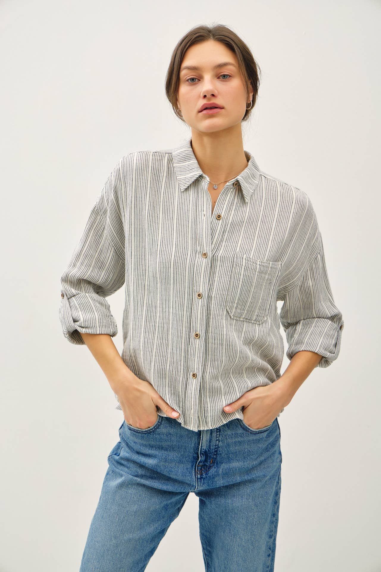 Be Cool - Wholesale Button Down Shirt - Women's - STRIPED, COTTON GAUZE BUTTON UP TOP4
