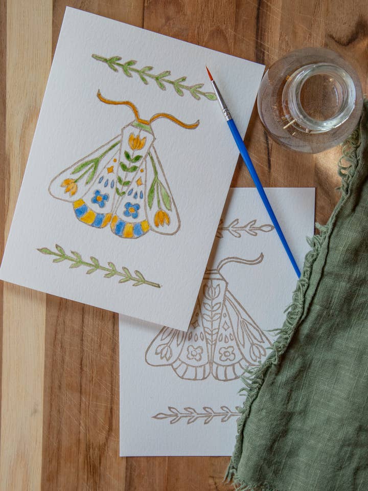 Kunstkarten-Set mit Mottenmotte, Motiv „Folk Art“, 5 x 7 Stück für den Großhandel von Ashes & Arbor