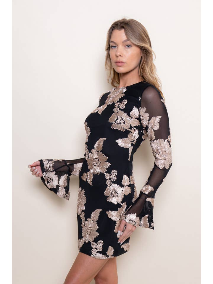 Black Taupe BELL SLEEVE SOUTACHE MINI DRESS WITH BACK CUT OUT- DI8089FO for wholesale on Faire3