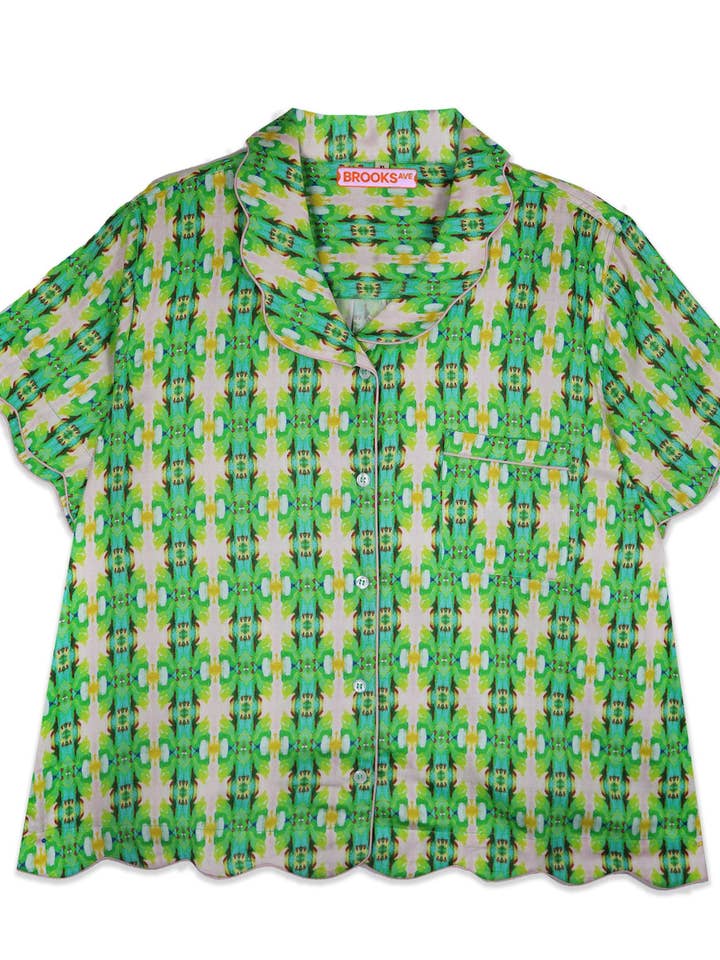 Brooks Avenue – Großhandel Schlafanzug-Set – Damen – Kurzes Pyjama-Set mit gewelltem Saum - Flora Green7