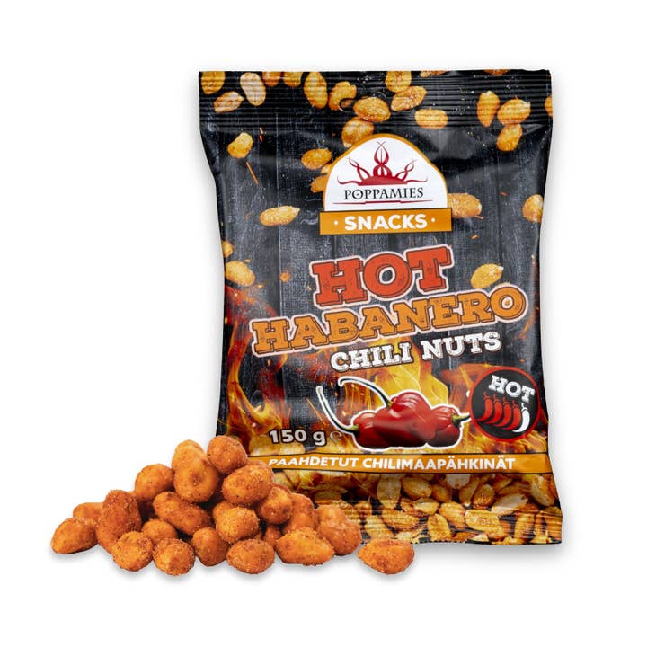 Poppamies Hot Habanero Chili nuts - Spicy Peanuts are Great choice for snacking - Gluten-Free Lactose-free Vegan - Hot Spiciness - 150g for wholesale by Lukata LTD
