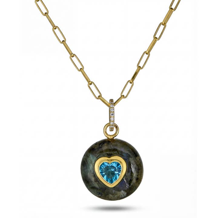 Collier Cœur en Labradorite et Quartz Aqua avec Bélière pour la vente par Rachel Reinhardt
