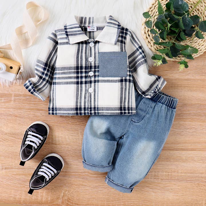 2pcs Baby Boy Patch Pocket Long-sleeve Plaid Shirt and Jeans for wholesale by PatPat