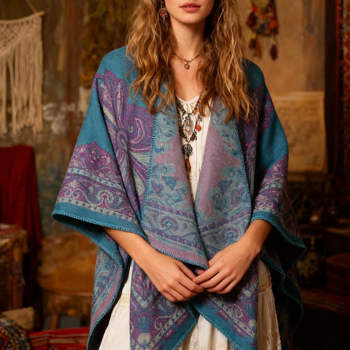 Rosa Clothing - Wholesale Cape - Women's - Paisley Print Ethnic-Style Shawl Cape4