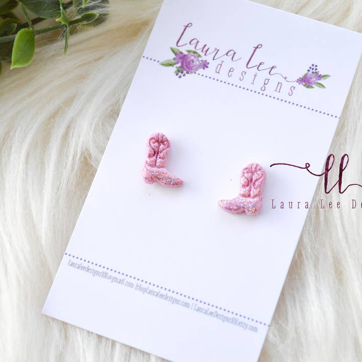Pink Glitter Cowboy Boots Clay Stud Earrings for wholesale by Laura Lee Designs