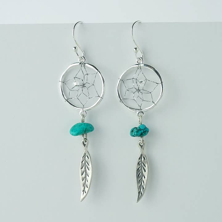 Steorra .75" Dream Catcher Earrings with Turquoise Stones for wholesale by Monague Indigenous Crafts & Gifts