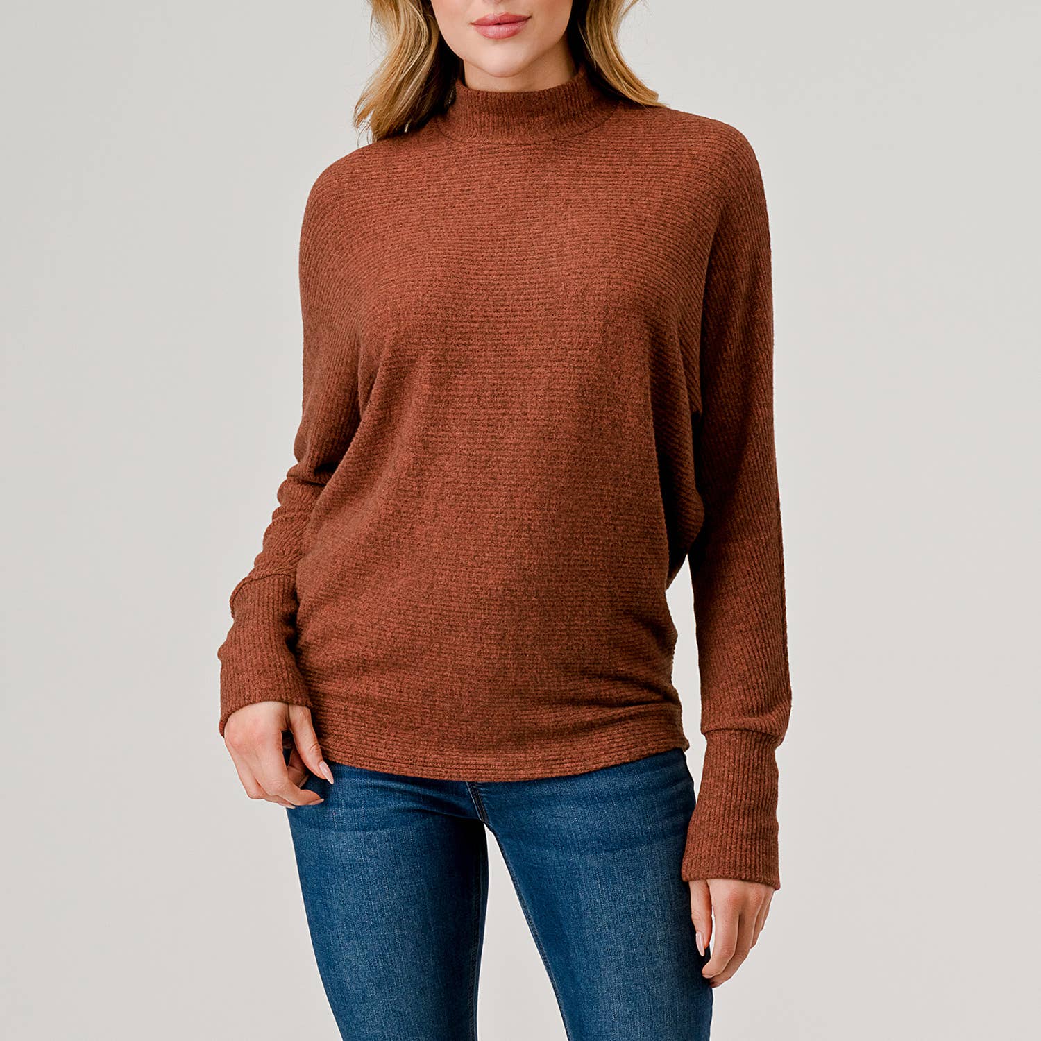 Heimious - Wholesale Knit Top - Women's - Mock Neck Long Dolman Sleeve Ribbed Knit Top, T26140