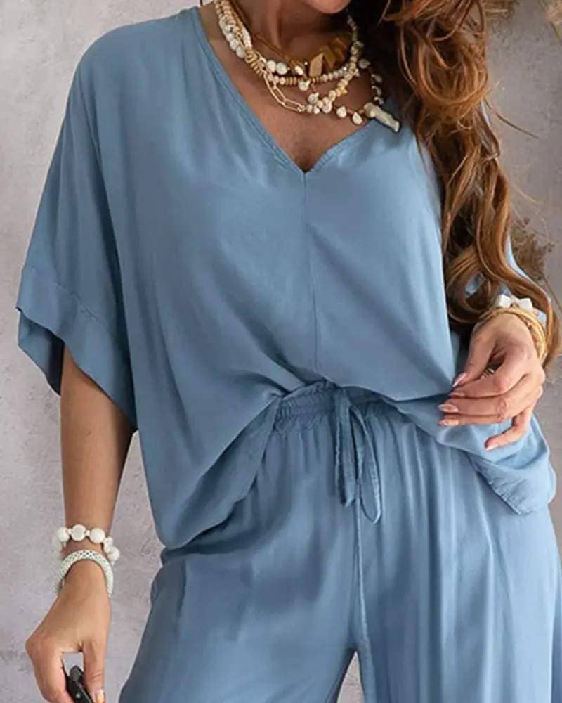 Fashion Combination - Vente Ensemble haut et jupe - Femme - Ensemble de pantalons décontractés à col en V et manches chauve-souris13