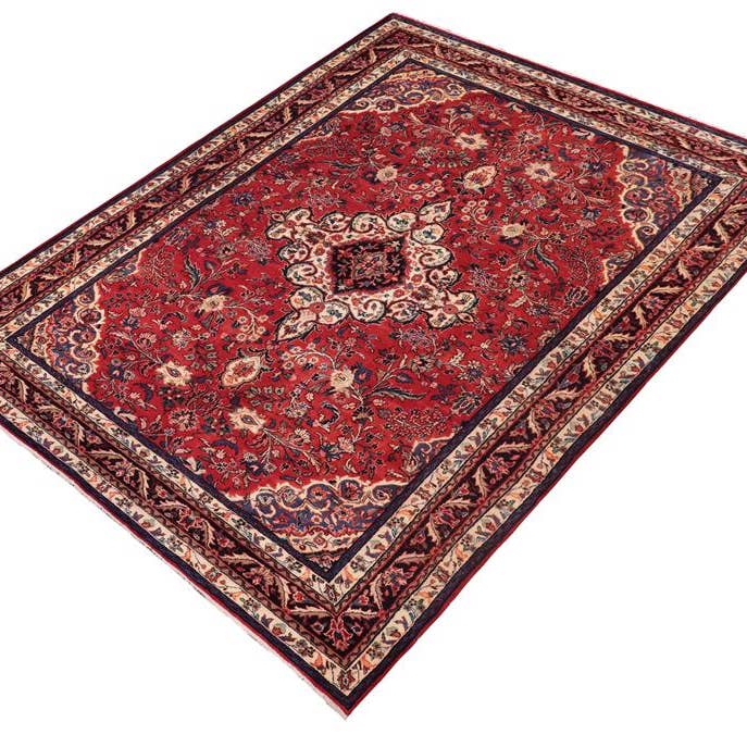 Vintage antik Kashan Walsh rød blå håndknyttet uldtæppe - 6'7'' x 9'10'' for engroshandel hos Arshs Fine Rugs