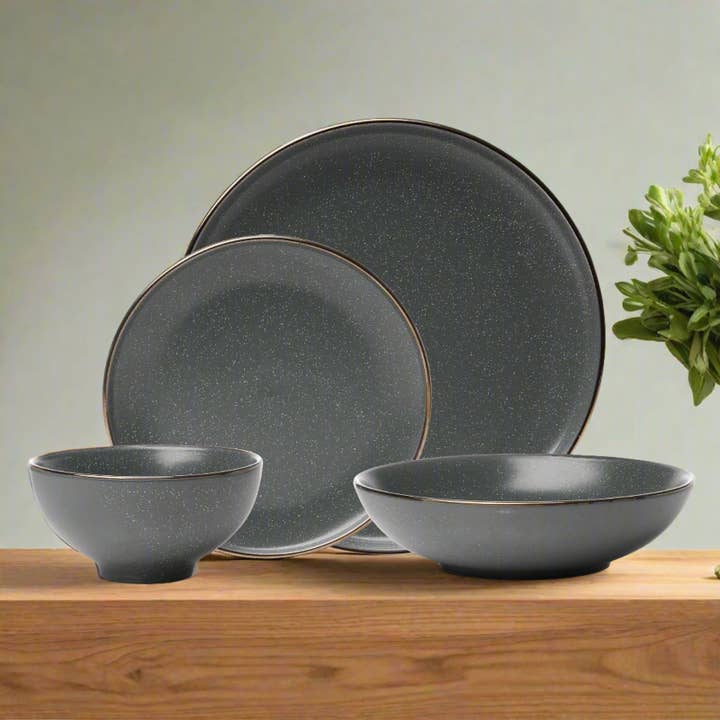 Godinger - Wholesale Dinnerware Set - Beaumont Grey Gold Rim 16 Piece Dinnerware Set