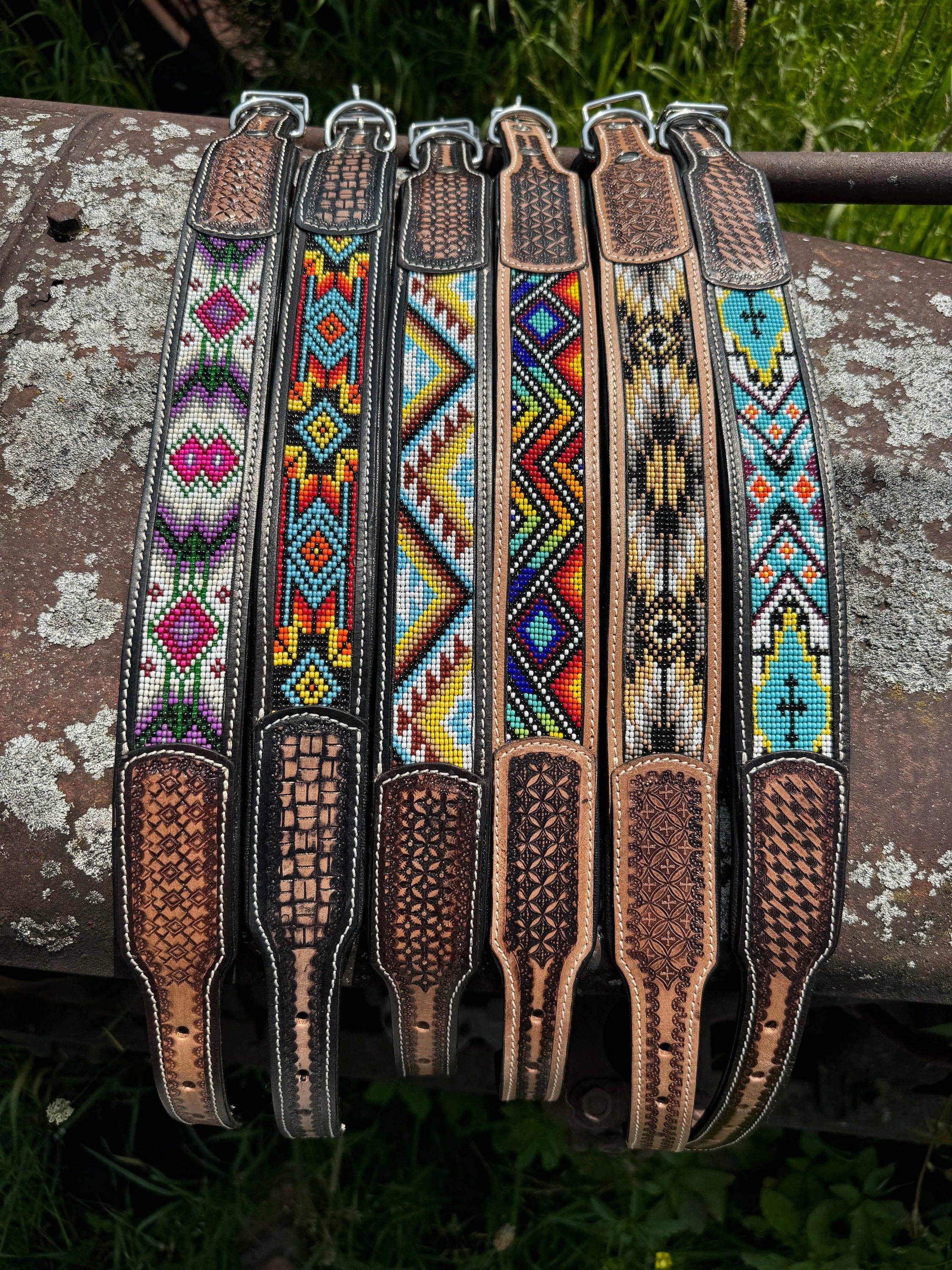 Double B Wild Rags - Wholesale Pet Collar - Dog - Western leather dog collar tooled and seed bead details by Double B Wild Rags1