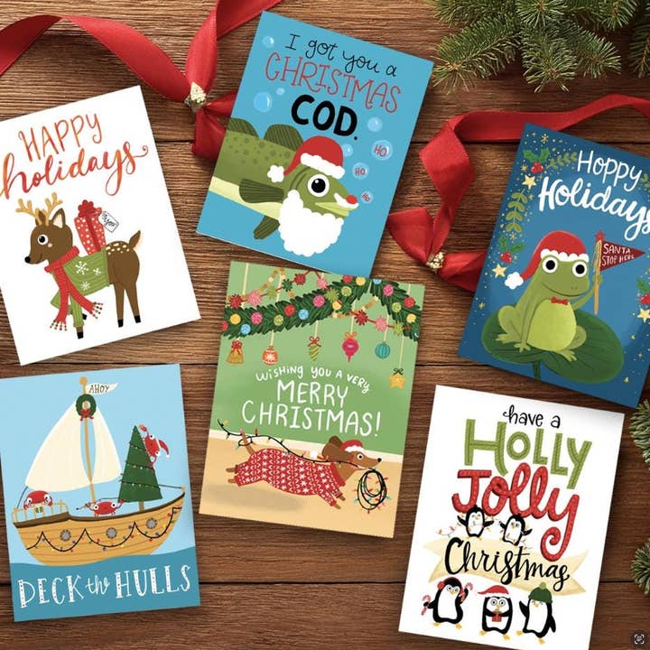 Whimsical Christmas Card bundle pack - set of 6 cards for wholesale by Fox Card Co