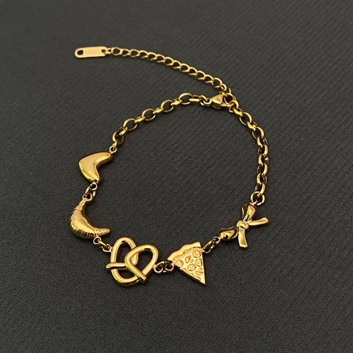 Heart & Bow & Cake 18K Gold Plated SS Charm Bracelet - FGS for wholesale by Mio Queena