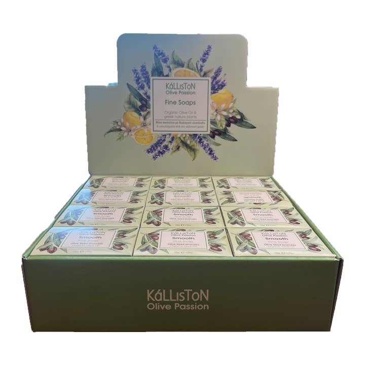 Savon fin SMOOTH, granulés de graines d'olive, grec, présentoir de vente au détail pour la vente par ALETA FARMS