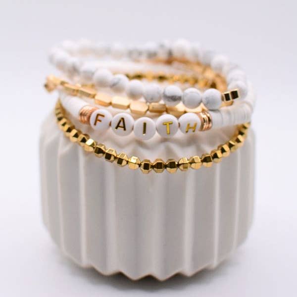 Two and Crew - Wholesale Jewelry Set - Faith Gold Beaded Stretch Bracelet Set Christian Jewelry