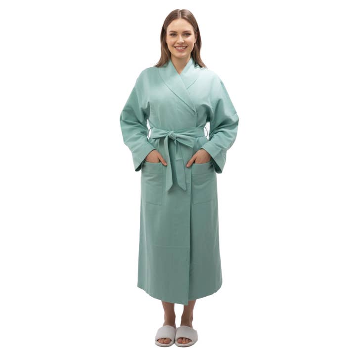 Albornoz de spa de microfibra, color turquesa, talla única, unisex para venta al por mayor de Appearus Products Corp.