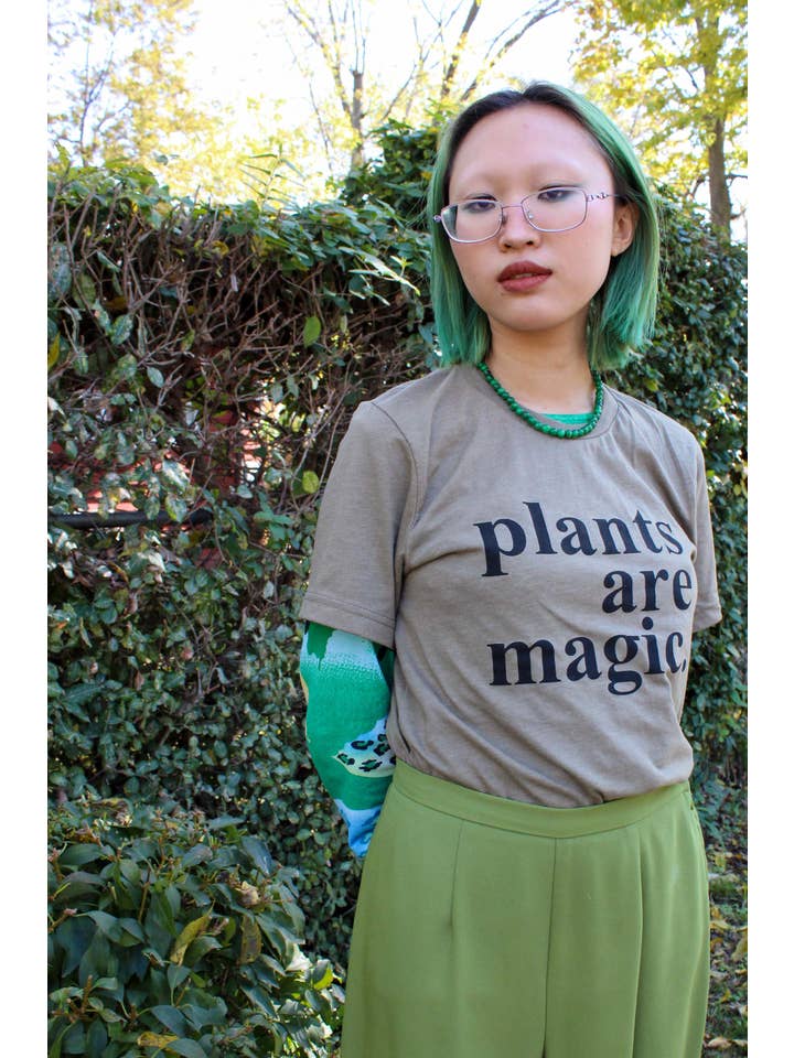 Yonder Studios - Wholesale Screen Printed T-Shirt - Women's - Plants are Magic Shirt on Heather Olive