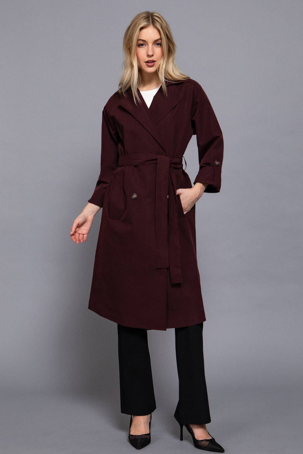 Active Basic | Active USA - Wholesale Trench Coat - Women's - Long Sleeve V-Neck Lapel Collar Trench Coat with Belt15