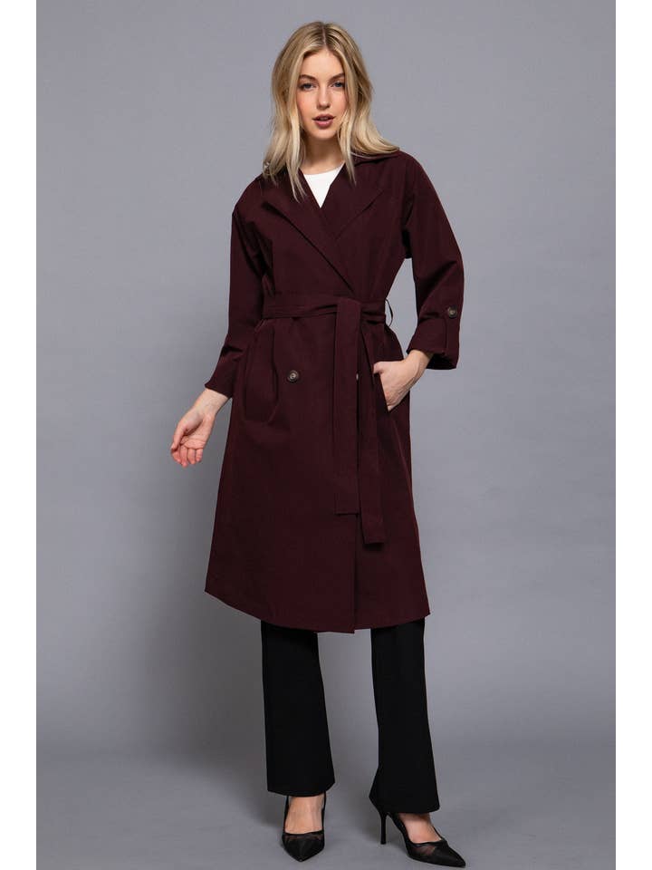 Active Basic | Active USA - Wholesale Trench Coat - Women's - Long Sleeve V-Neck Lapel Collar Trench Coat with Belt15