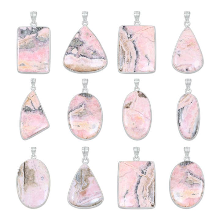 Pendentifs Minimalistes en Rhodochrosite - Faits Main, Laiton Plaqué Argent, Vente en Gros (Fabriqué sur Commande) pour la vente par Handmade Jewels