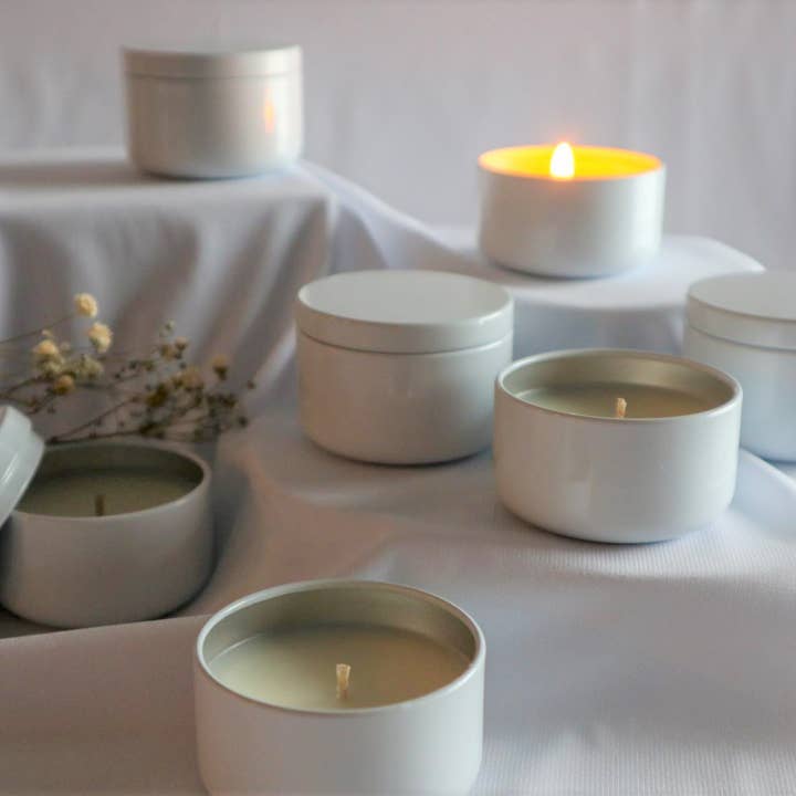 Augustine & Co - Wholesale Travel Candles - Sample, white tins candles (2oz, No labels)