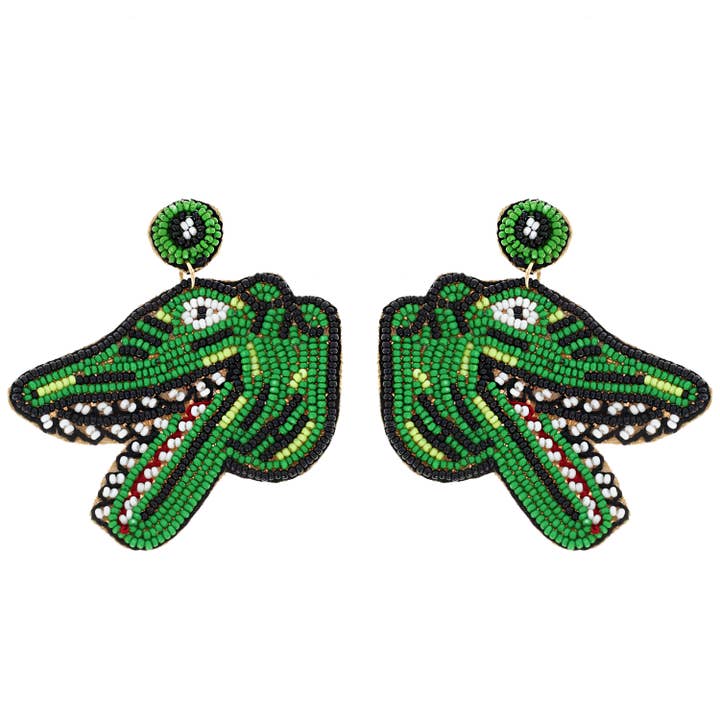 SP Sophia Collection - Wholesale Dangle Earrings - 2-Tier Crocodile Head Beaded Embroidery Earrings