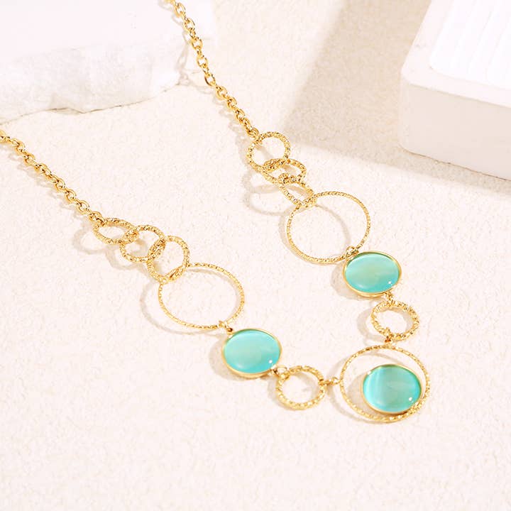 Colar de corrente redonda com 3 pedras olho de gato azul por atacado de joya